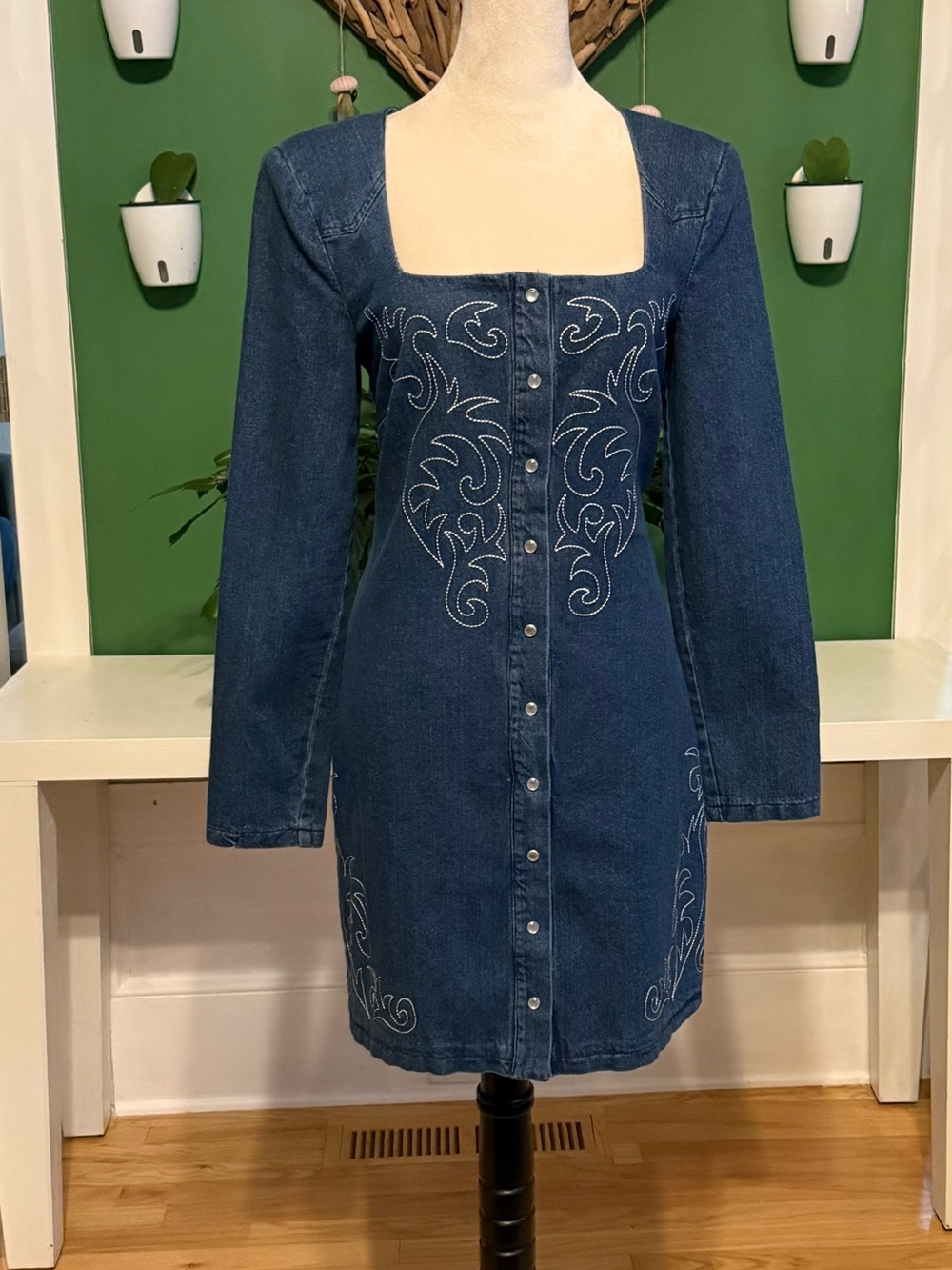 Avec Les Filles Dark Blue Denim Long-Sleeve Button Dress with Embroidered Detail
